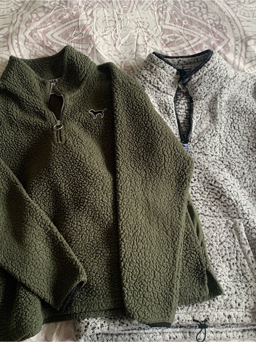 PINK Victoria's Secret Olive Green & Heather Gray Sherpa Half-Zip Jackets